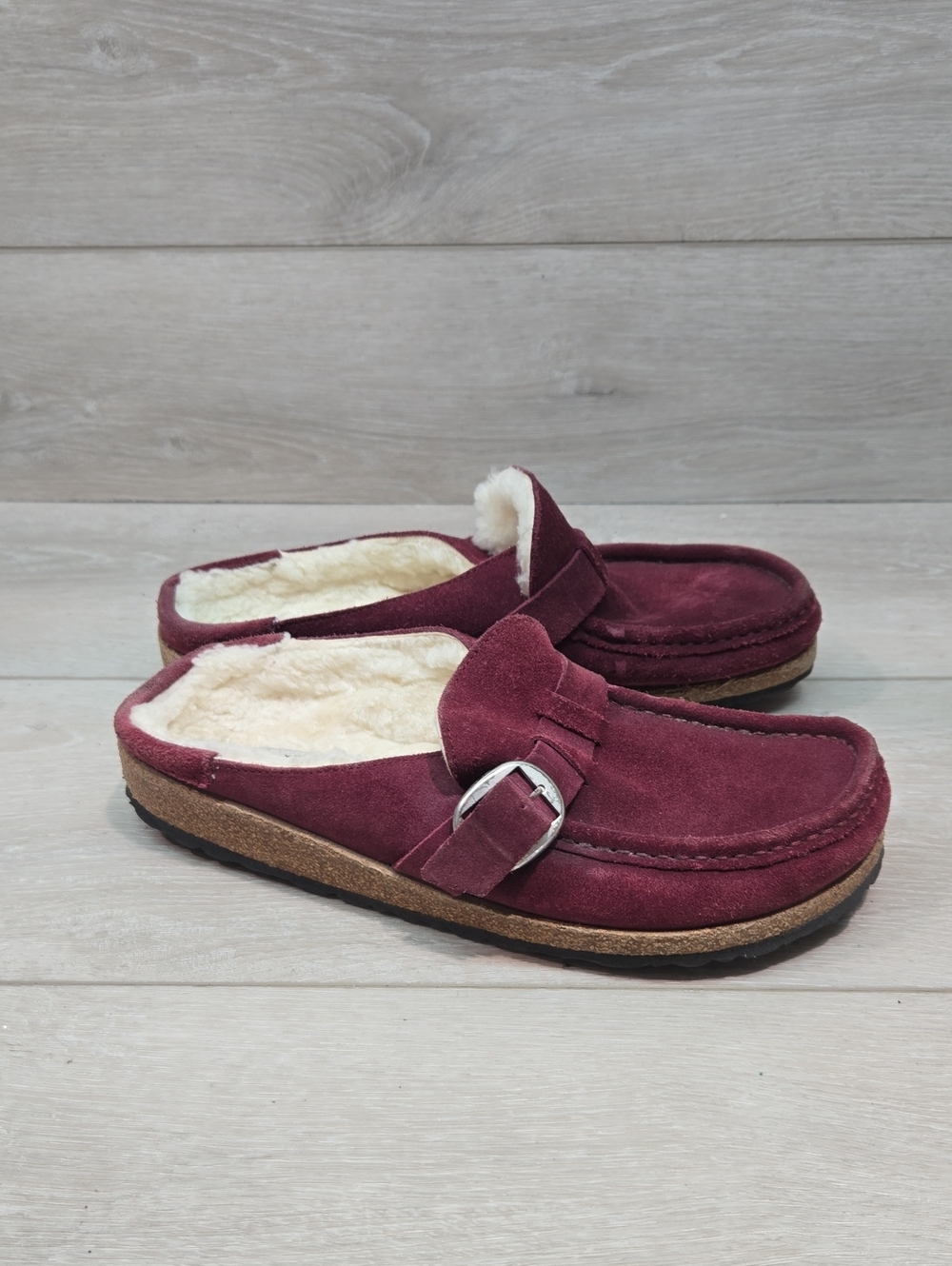 Birkenstock Women Buckly Burgandy Cork Suede Fur Shoes Clog Mule Sz 39/8